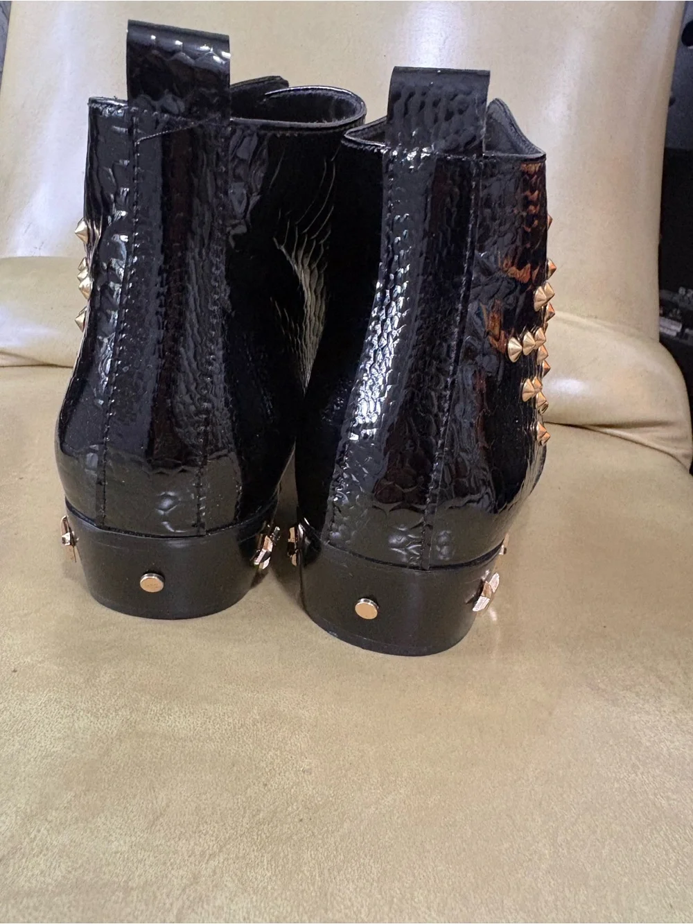 Men's Black Faux-Snake Ankle Boots with Gold Studs